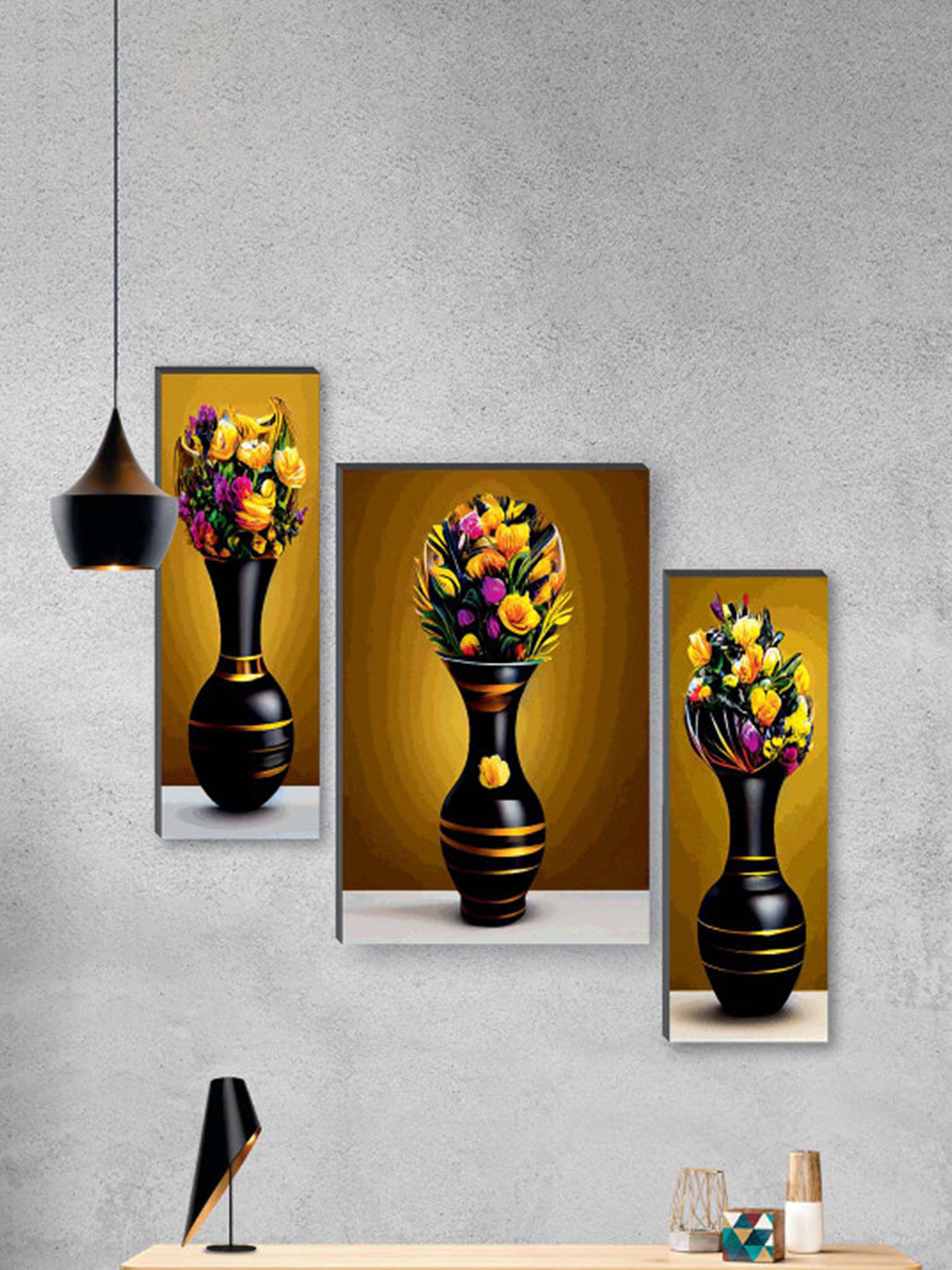 SAF Yellow & Black 3-Pcs Pretty Flower Pot UV Textured Self Adeshive Framed Wall Painting