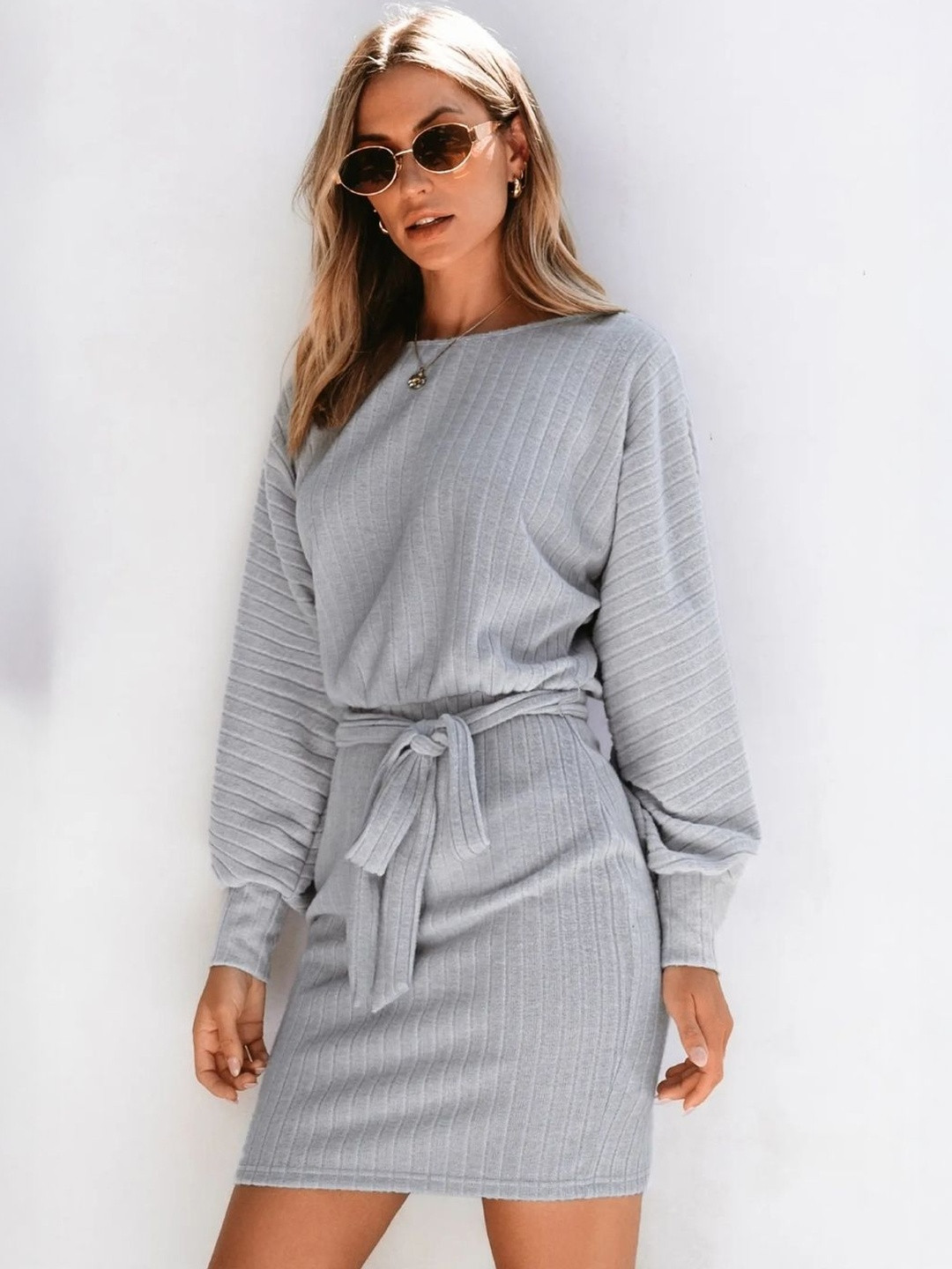 HERE&NOW Striped Boat Neck Bishop Sleeve Above Knee Bodycon Dress