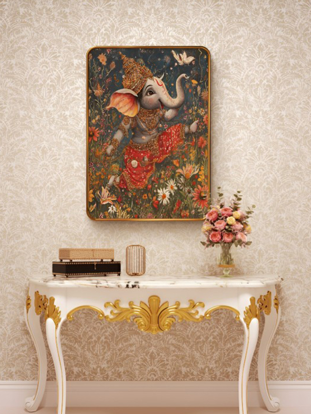 SAF Green & Red Ganesha Sparkle Lamination Finished Wood Wall Painting