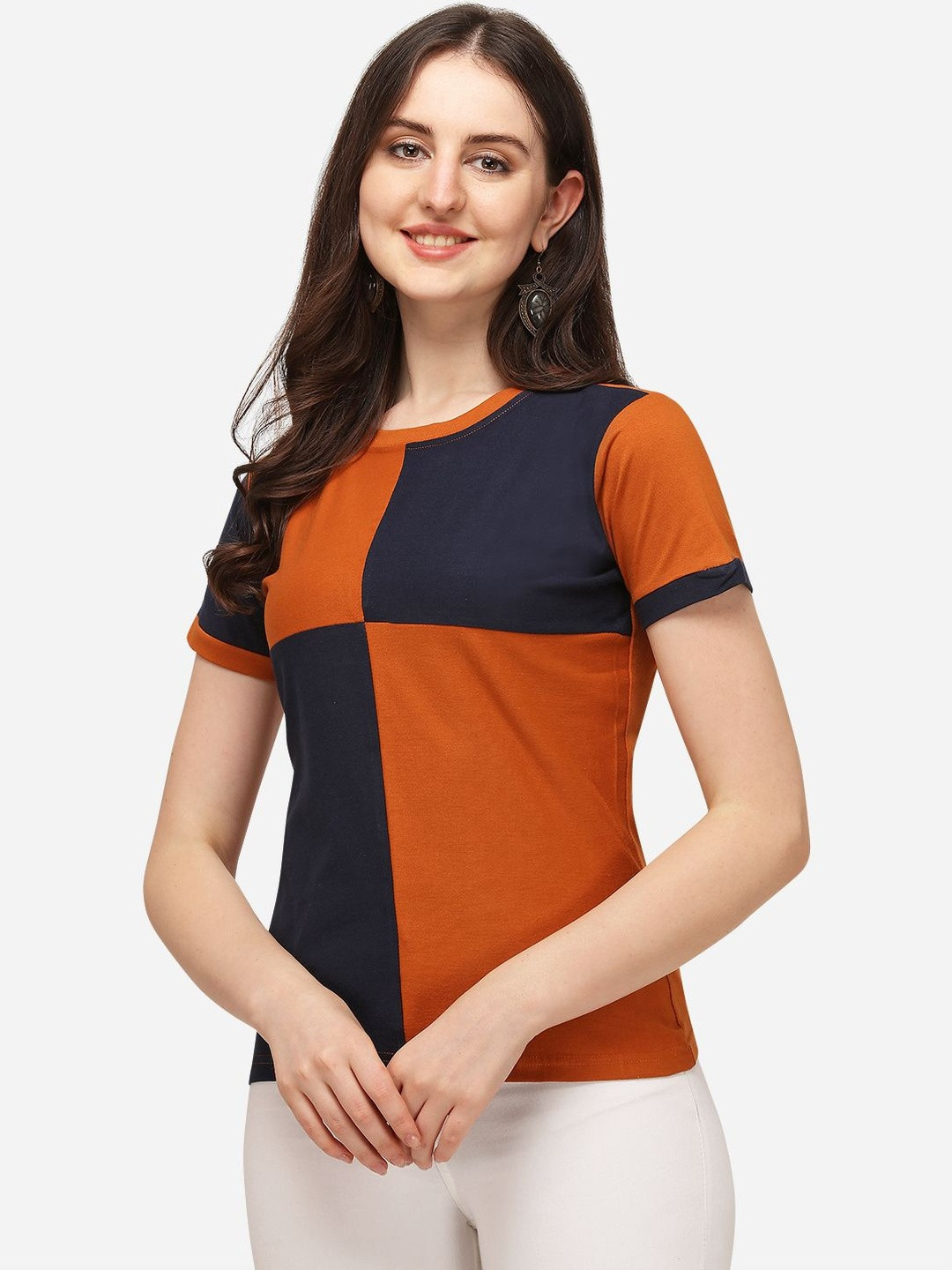 LERIYA FASHION Women Mustard And Black Round Neck Cotton Short Sleeves Causal Regular Tops