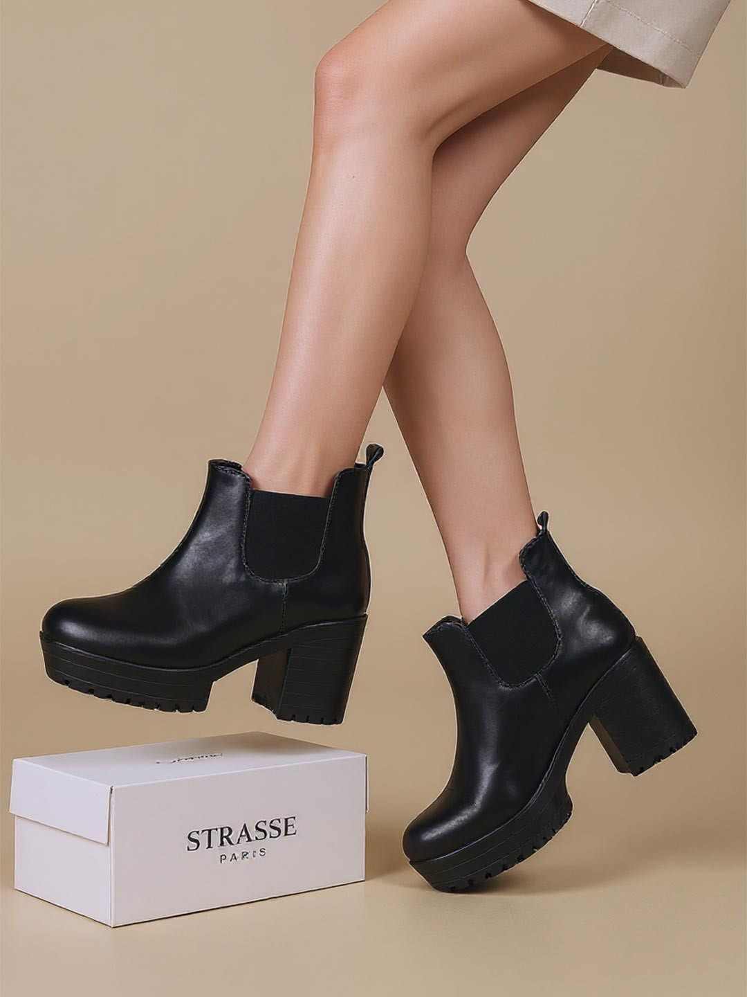 STRASSE PARIS Women Mid-Top Ankle Height Round Toe Block Heeled Chelsea Boots