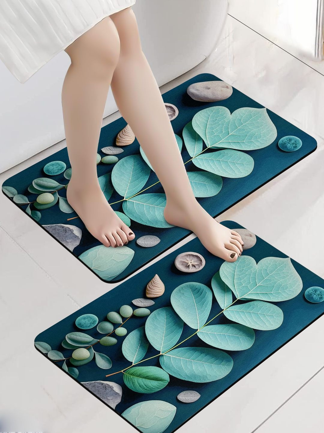 Sittella Pack of 2 3D Leaf Printed Water Absorbent Anti-Skid Bathroom Mat