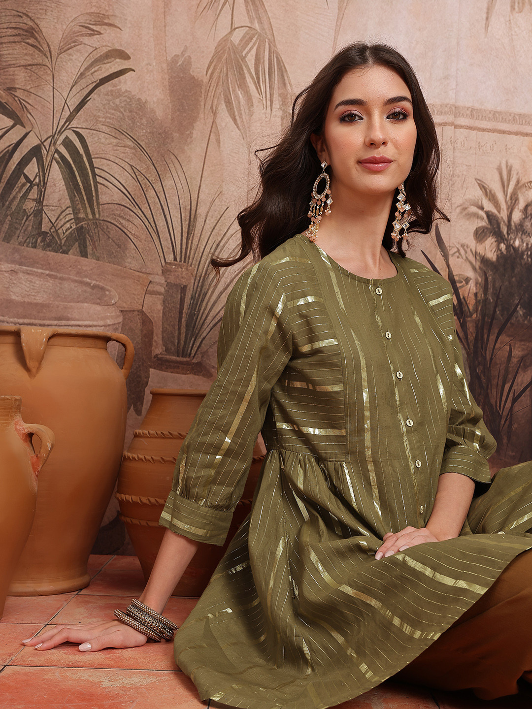 Sangria Vertically Woven Striped Cuffed Sleeves A-Line Kurta with Salwar