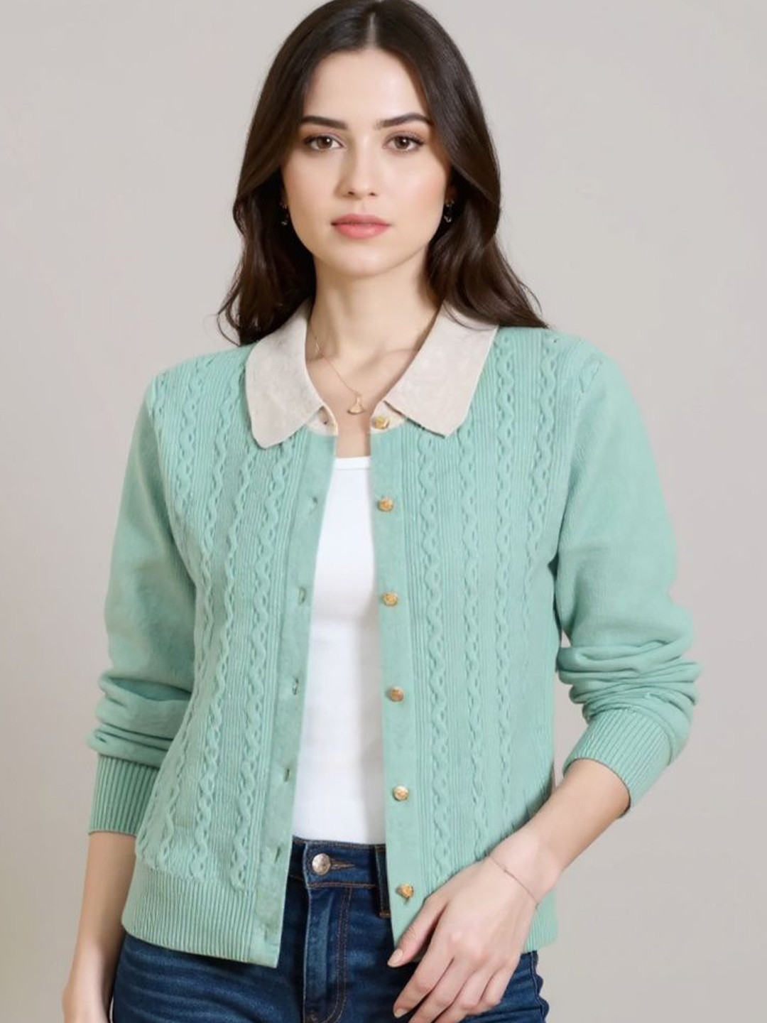 bebe Women Cable Knit Shirt Collar Sweater