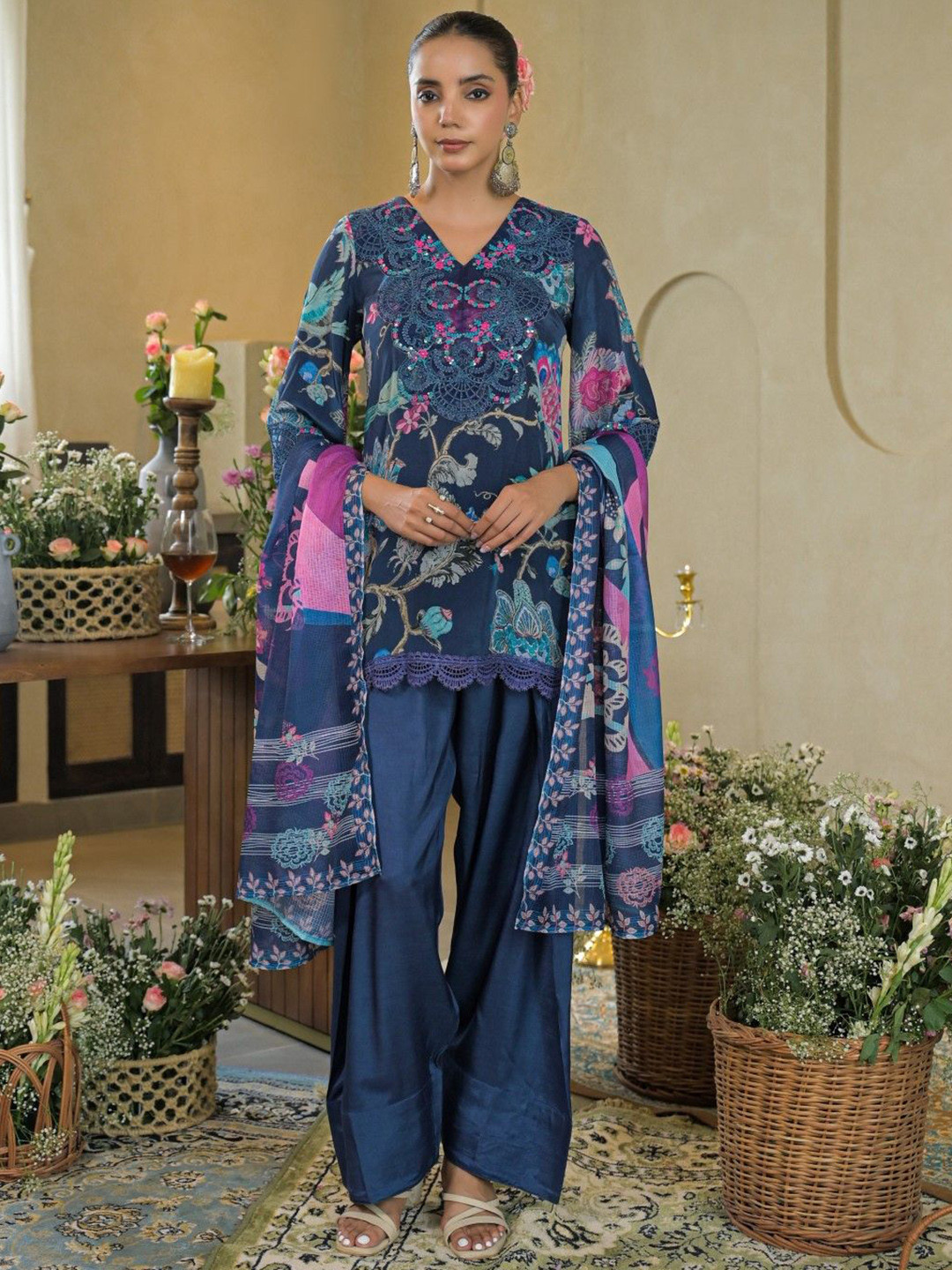 AUTUMN LANE Vastramaya Azure Floral Printed Pure Cotton Kurti With Palazzos & Dupatta