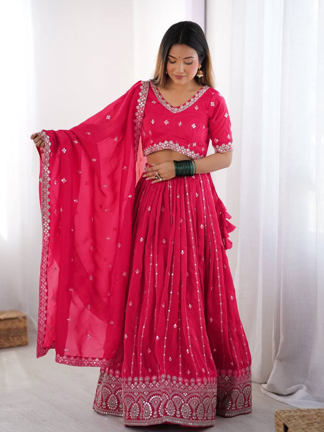CAPITALHAVEN Embroidered Semi-Stitched Silk Lehenga & Unstitched Blouse With Dupatta