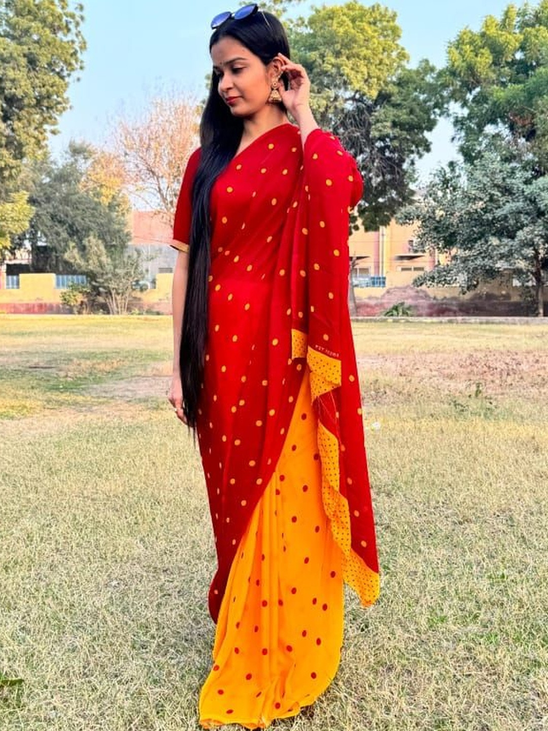 Moda Rapido Women Red And Yellow Polka Dot Printed Poly Georgette Saree