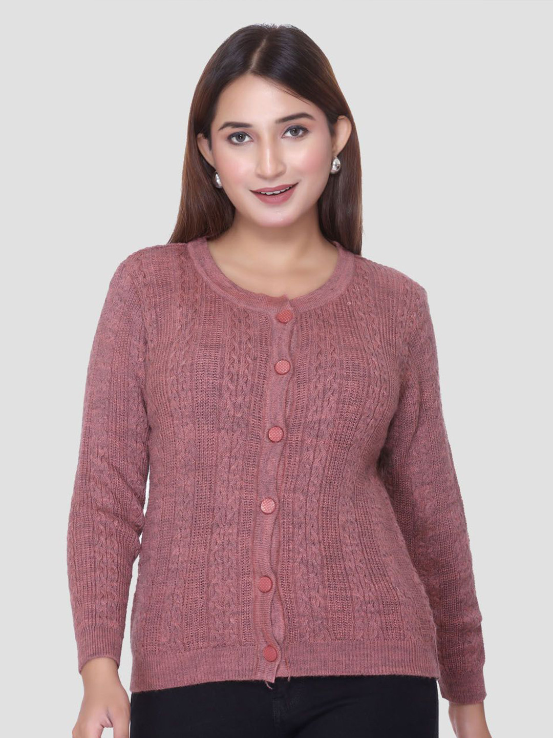 aarbee Women Self Design Round Neck Full Sleeve Acrylic Cardigan