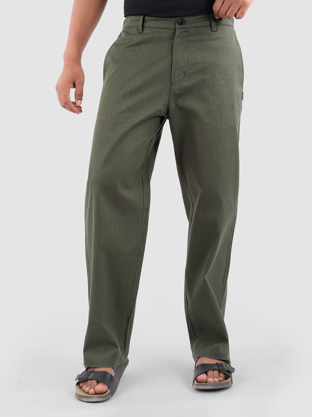 Beyoung Men Sage Green Cotton Lycra Slub Original Straight Fit Trousers