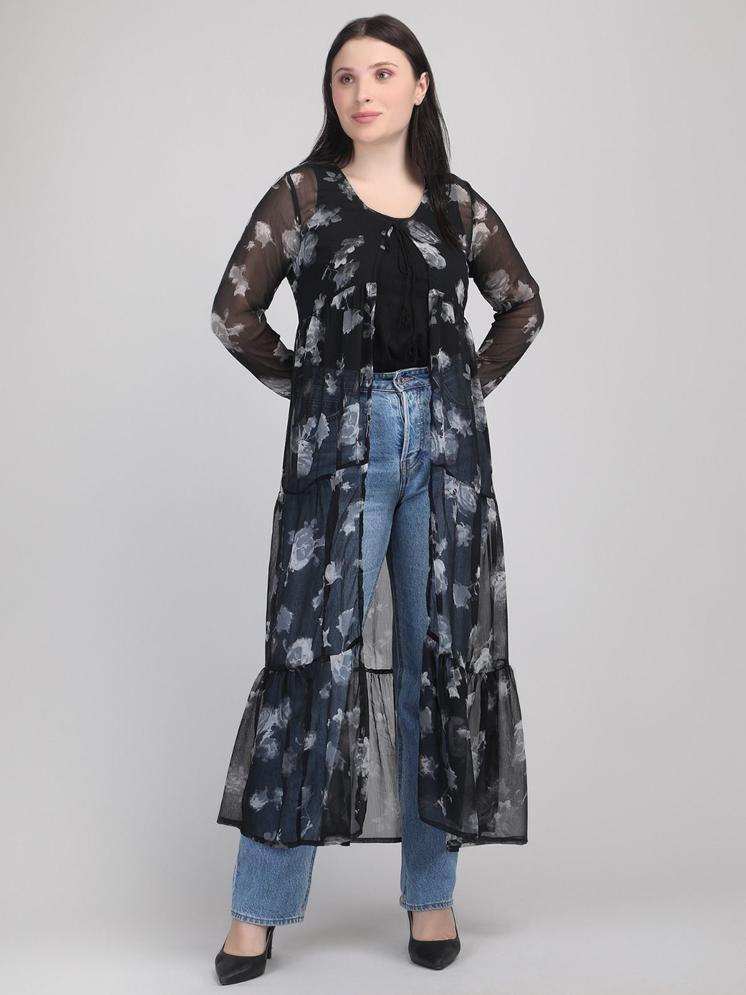 AD Fashion Printed V-Neck Longline Shrug