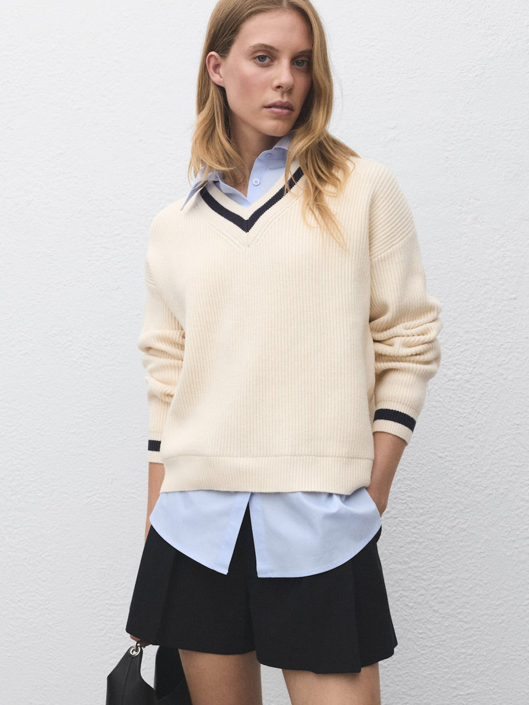 MANGO Ribbed Varsity V-Neck Sweater