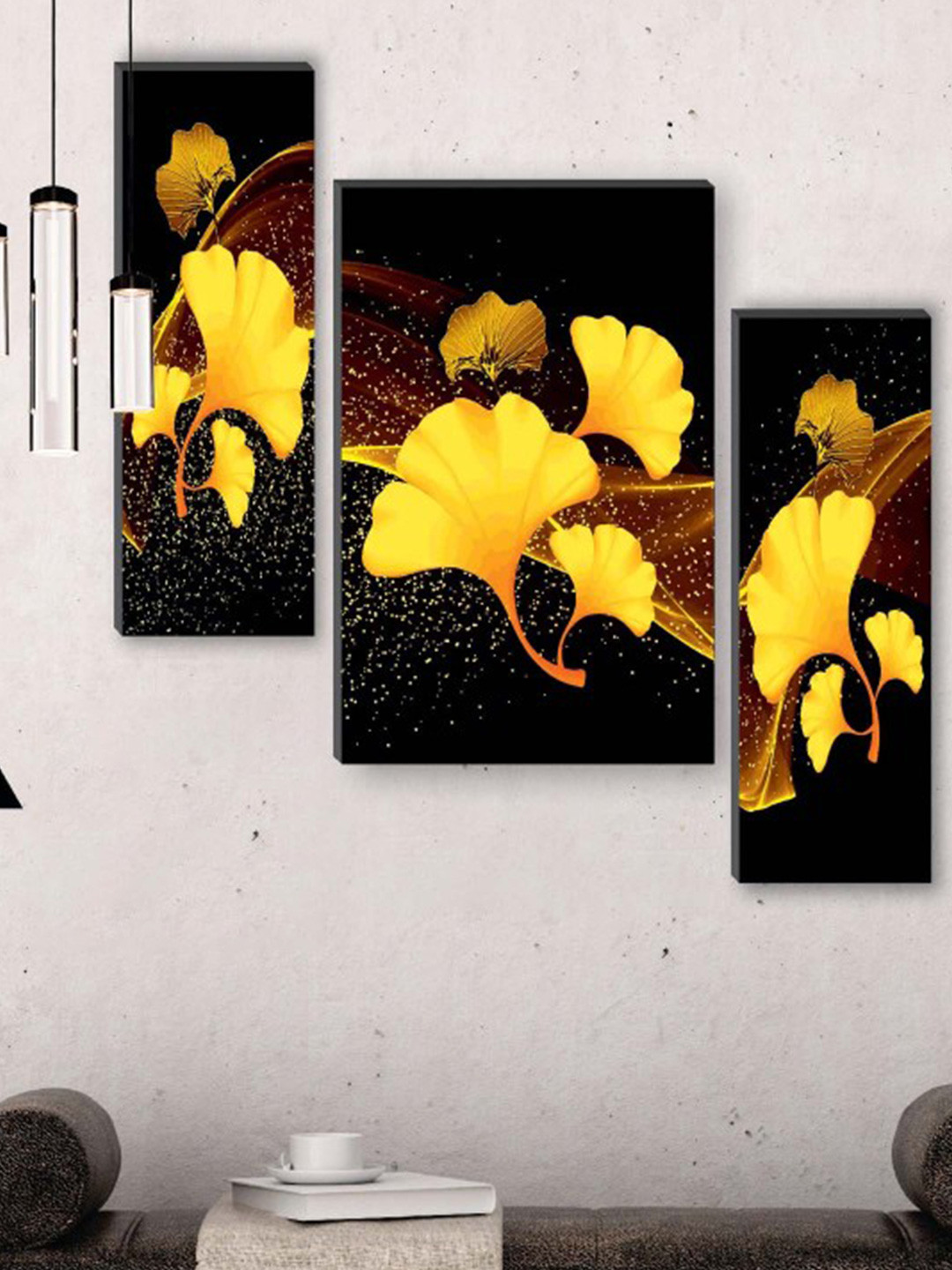 SAF Black 3 Pcs Pretty Flower Pot UV Textured Self Adeshive Framed Wall Painting