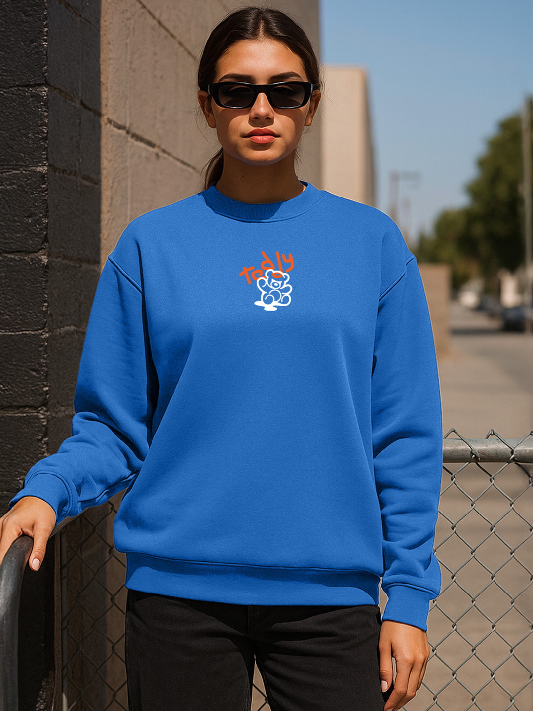 JUNEBERRY Women Blue Printed Cotton Fleece Regular Fit Crew Neck Pullover Sweatshirt