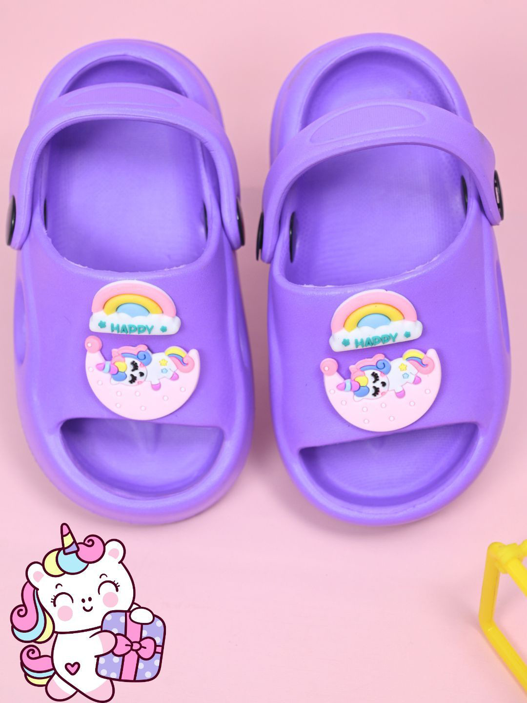 Yellow Bee Girls Unicorn With Rainbow Cloud Charms Clogs