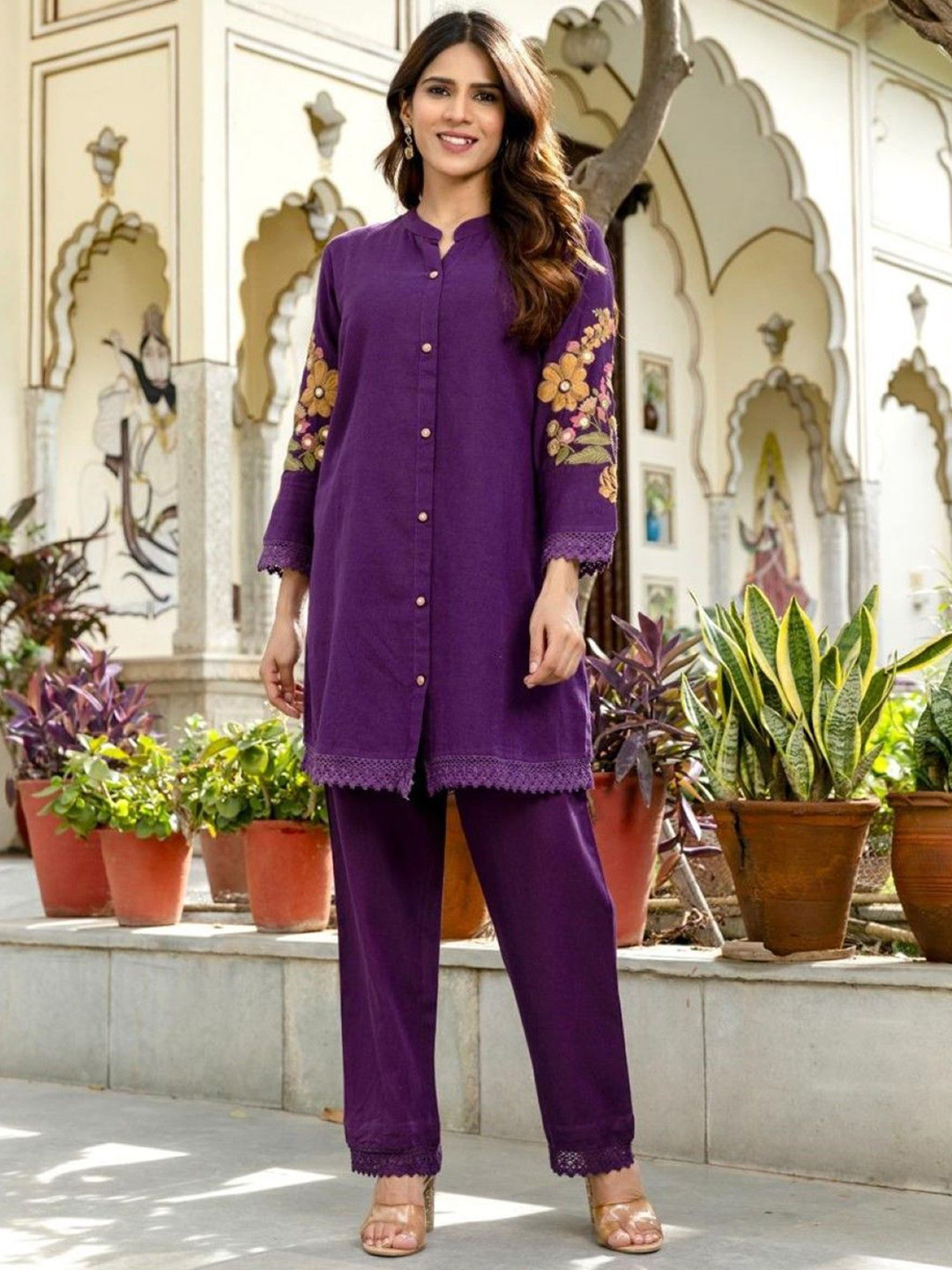 AUTUMN LANE Omra Orchid Embroidery Cotton Top With Trousers Co-Ords