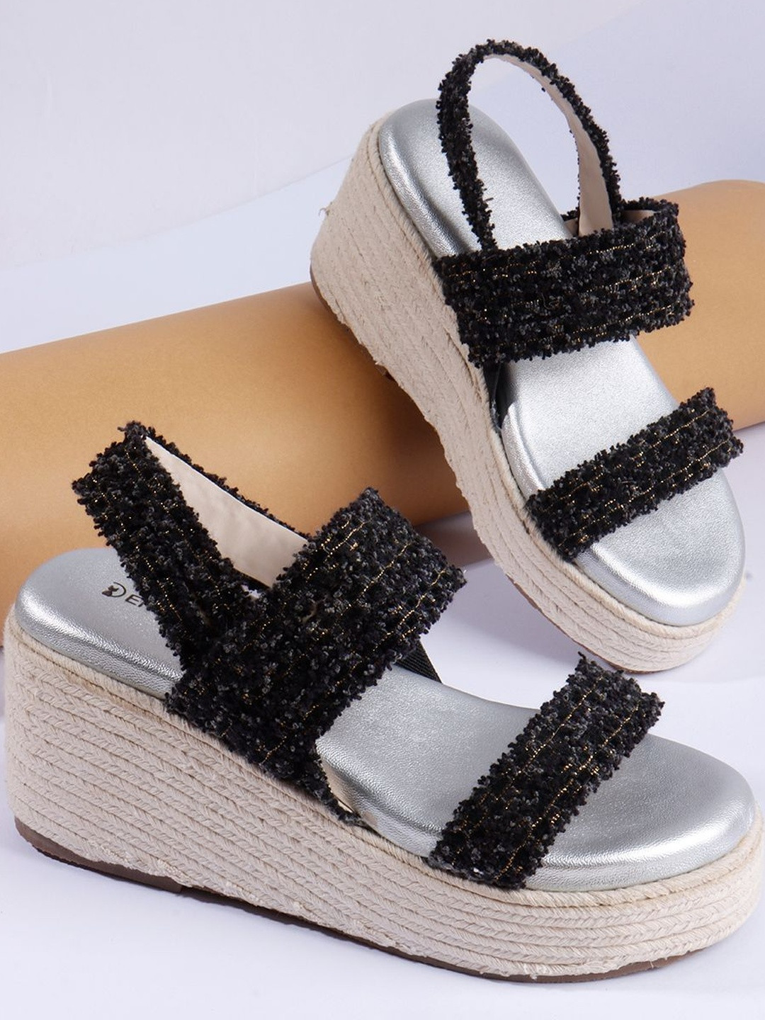 Denill Women Black Braided Synthetic Leather Open Toe Casual Heels