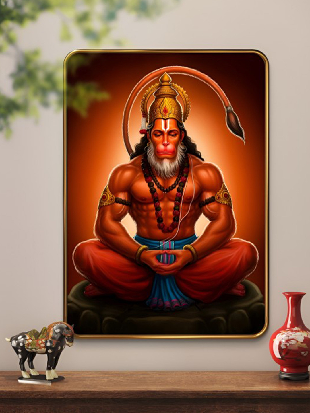 SAF Red & Black SAF Hanuman Ji Sparkle Lamination Wood Wall Painting