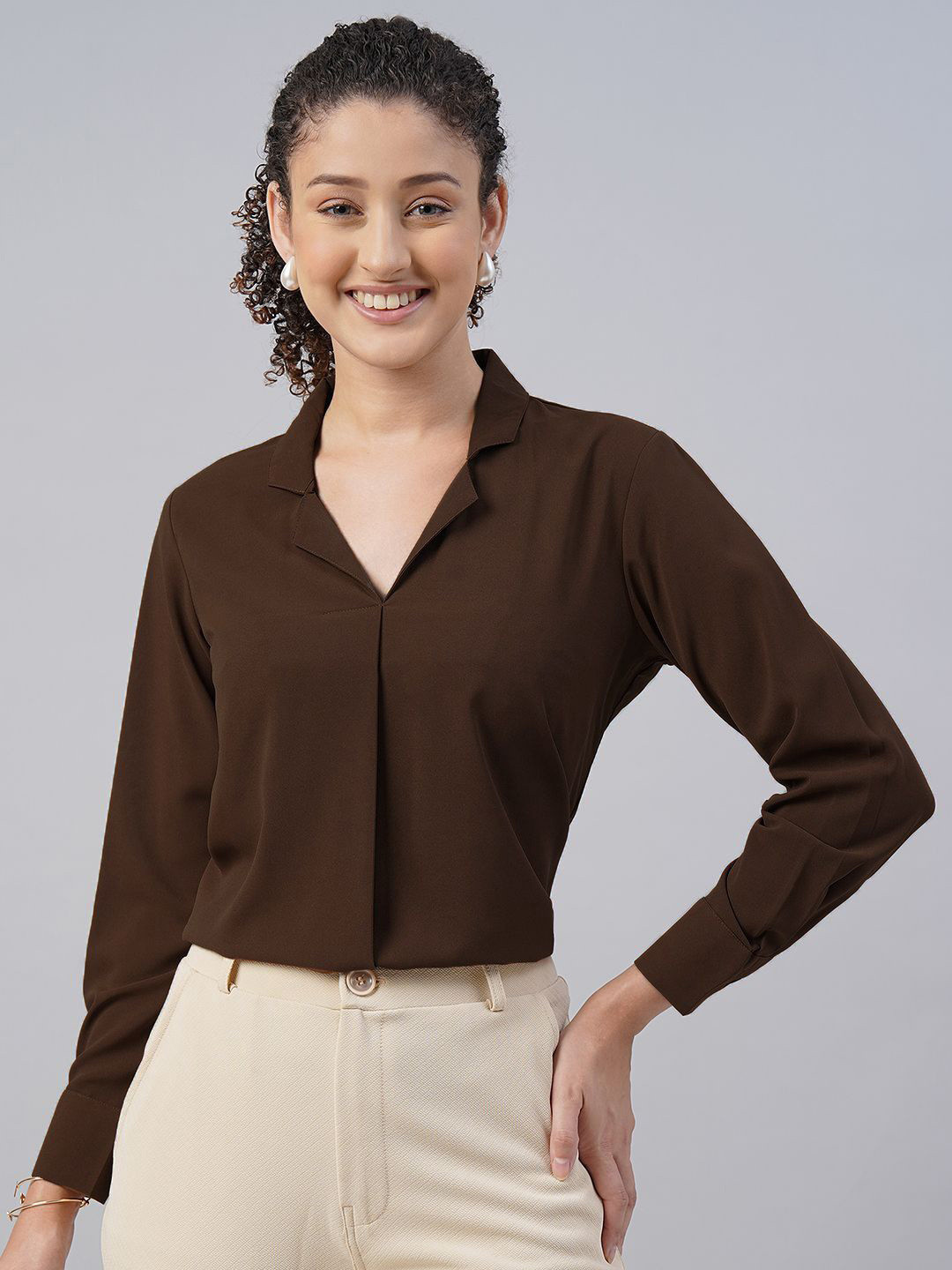 Brown V-neck Long Sleeves Cotton Top