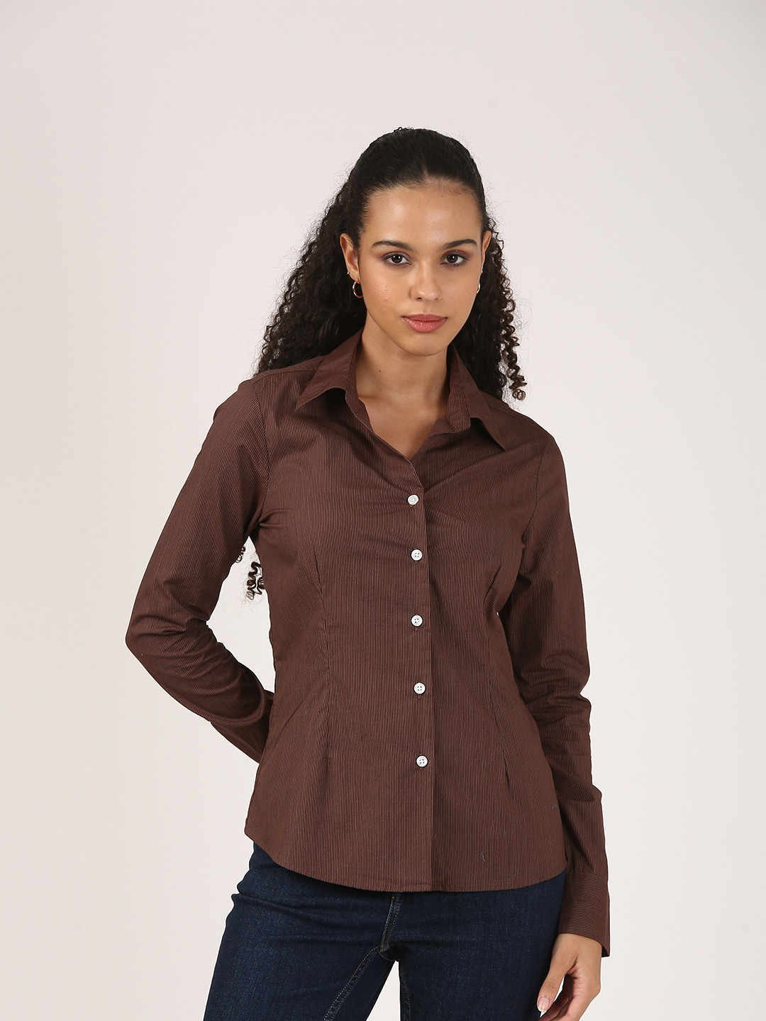 Jolene.club Women Textured Spread Collar Cotton Casual Shirt
