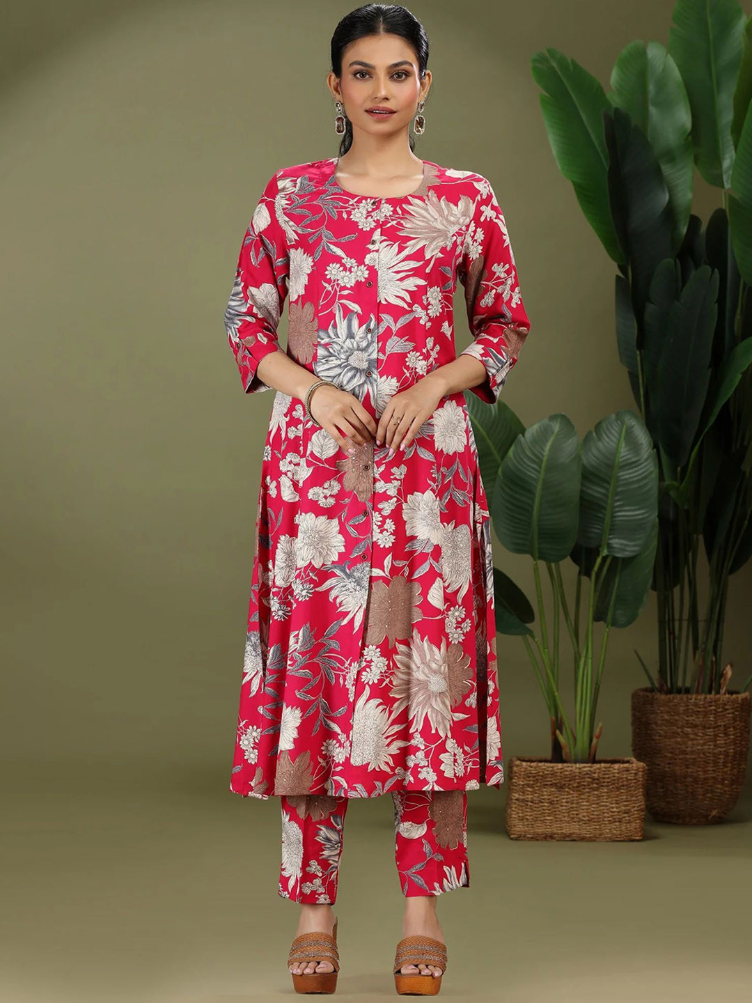 COTTON CULTURE Rani Pink Rayon Printed A Line Kurta Pant Set