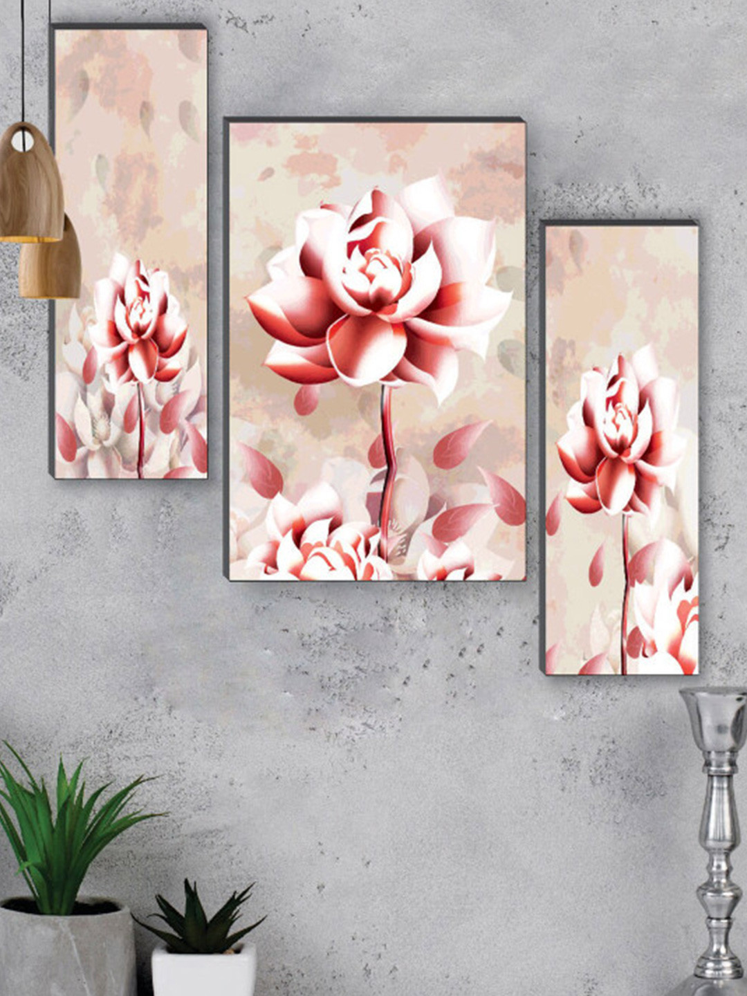 SAF Pink & White 3-Pcs Pretty Flower Pot UV Textured Self Adeshive Framed Wall Painting