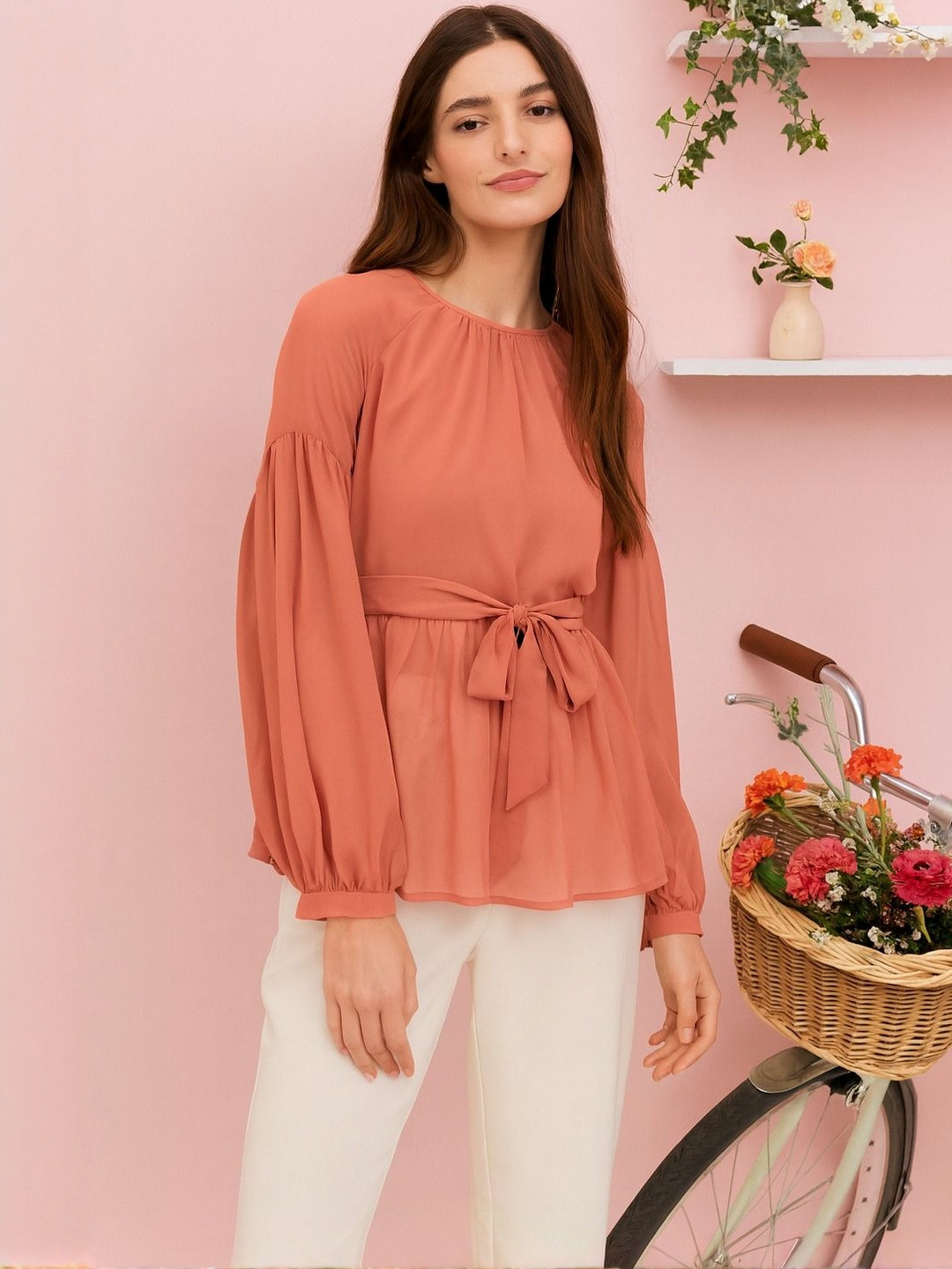 HERE&NOW Women Fawn Solid Model Puff Sleeves Top with Waist Belt
