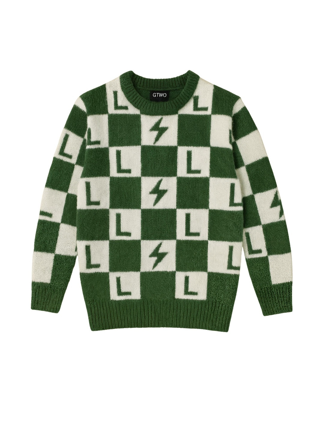 GTWO Unisex Kids Green & White Wool Blend Checked Pullover Sweater
