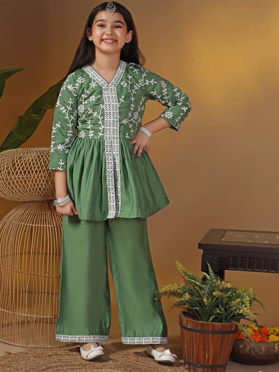 BAESD Girls Ethnic Motifs Woven Design A-Line Kurta with Trousers