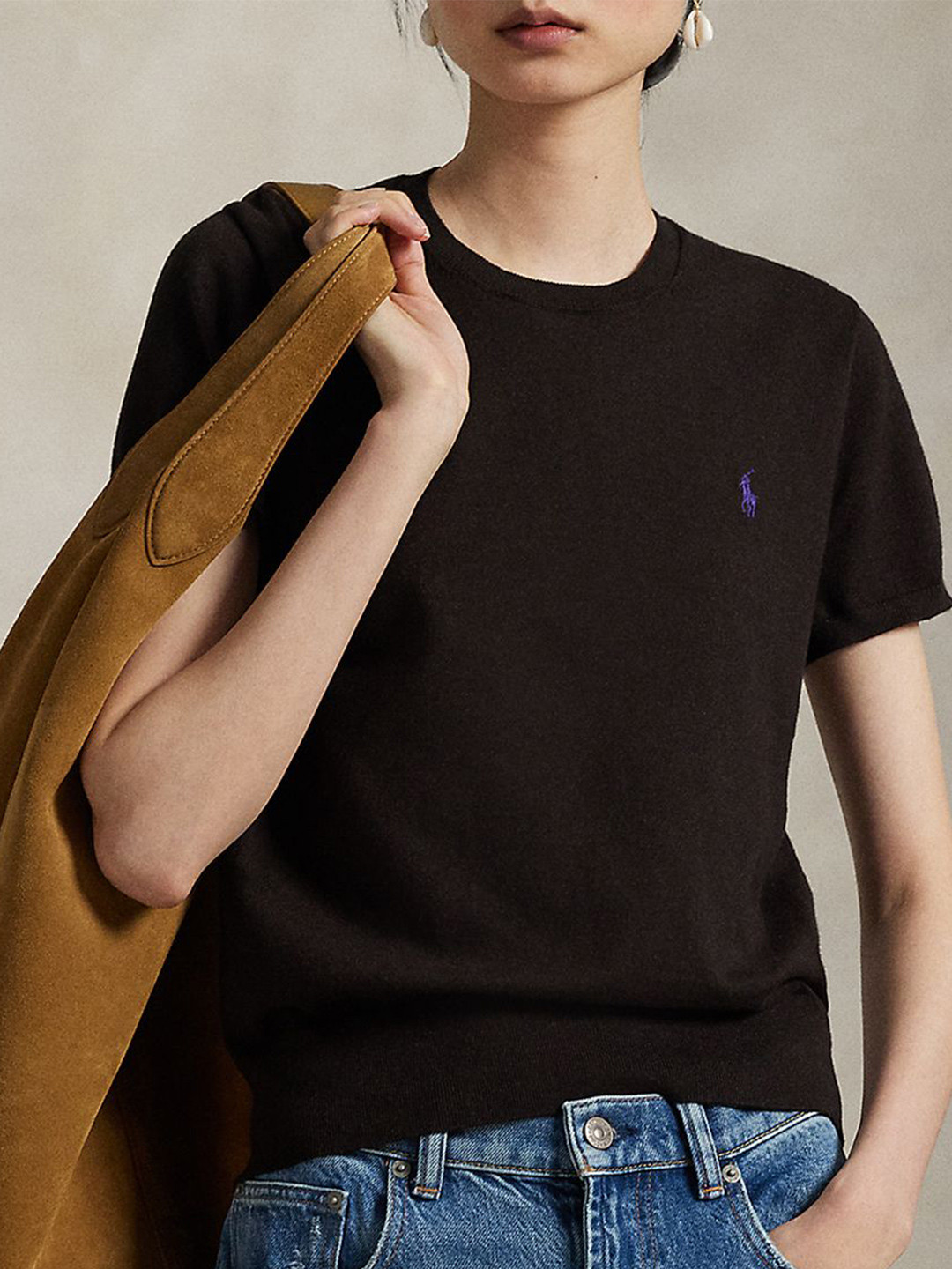 Polo Ralph Lauren Women Pure Cotton Crew-Neck Short Sleeve Sweater