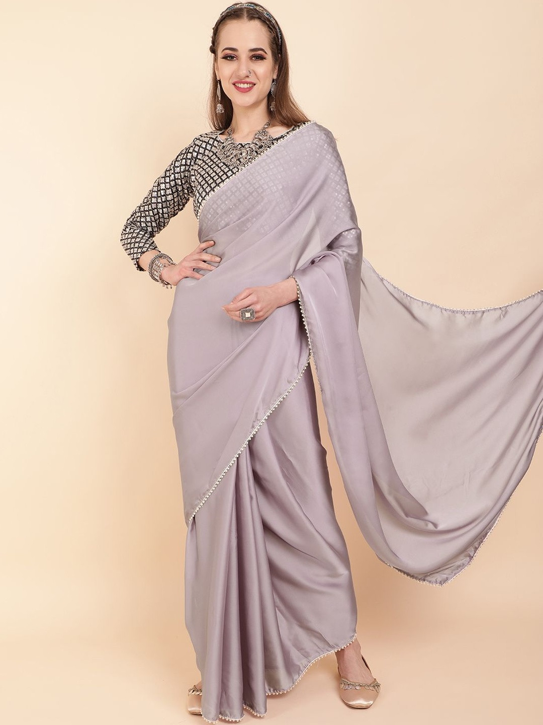 Sangria Pearl Border Saree With Blouse