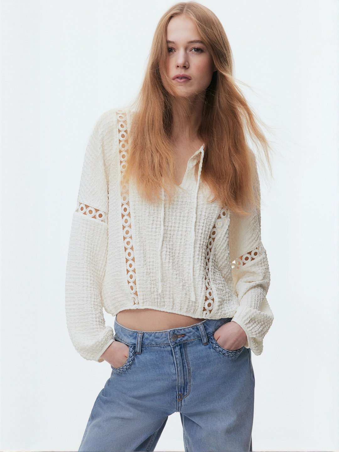 H&M Lace-Inset Crinkled Blouse