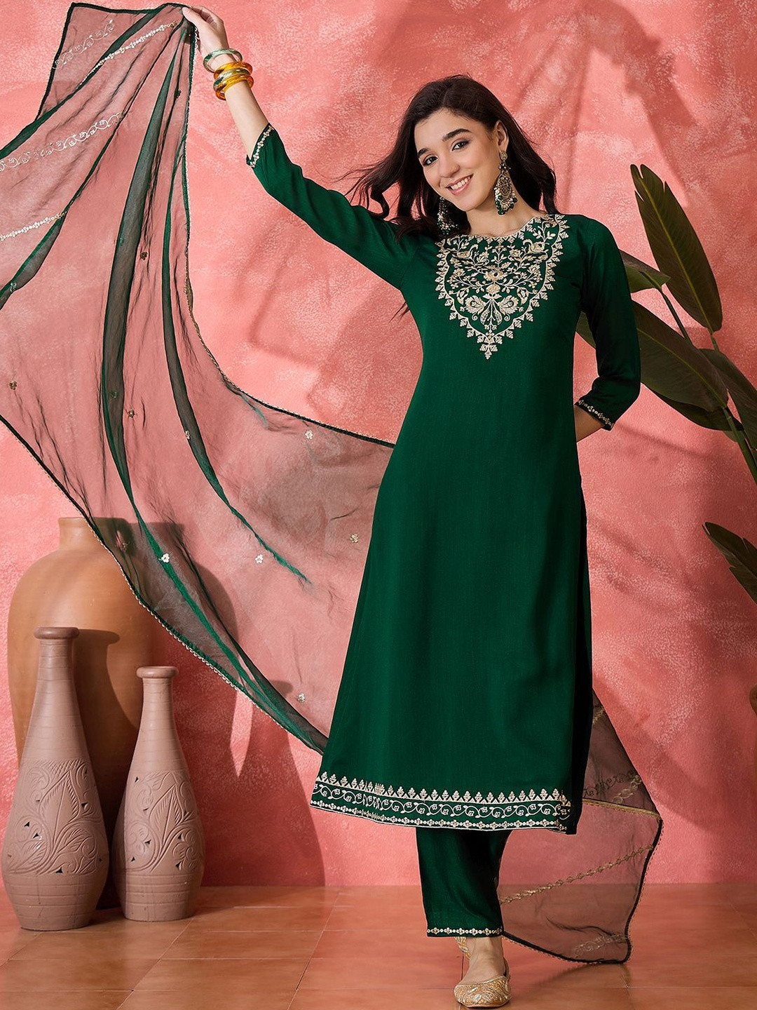 Sangria Women Green Silk Blend Sequinned Embroidered Kurta Pant with Dupatta