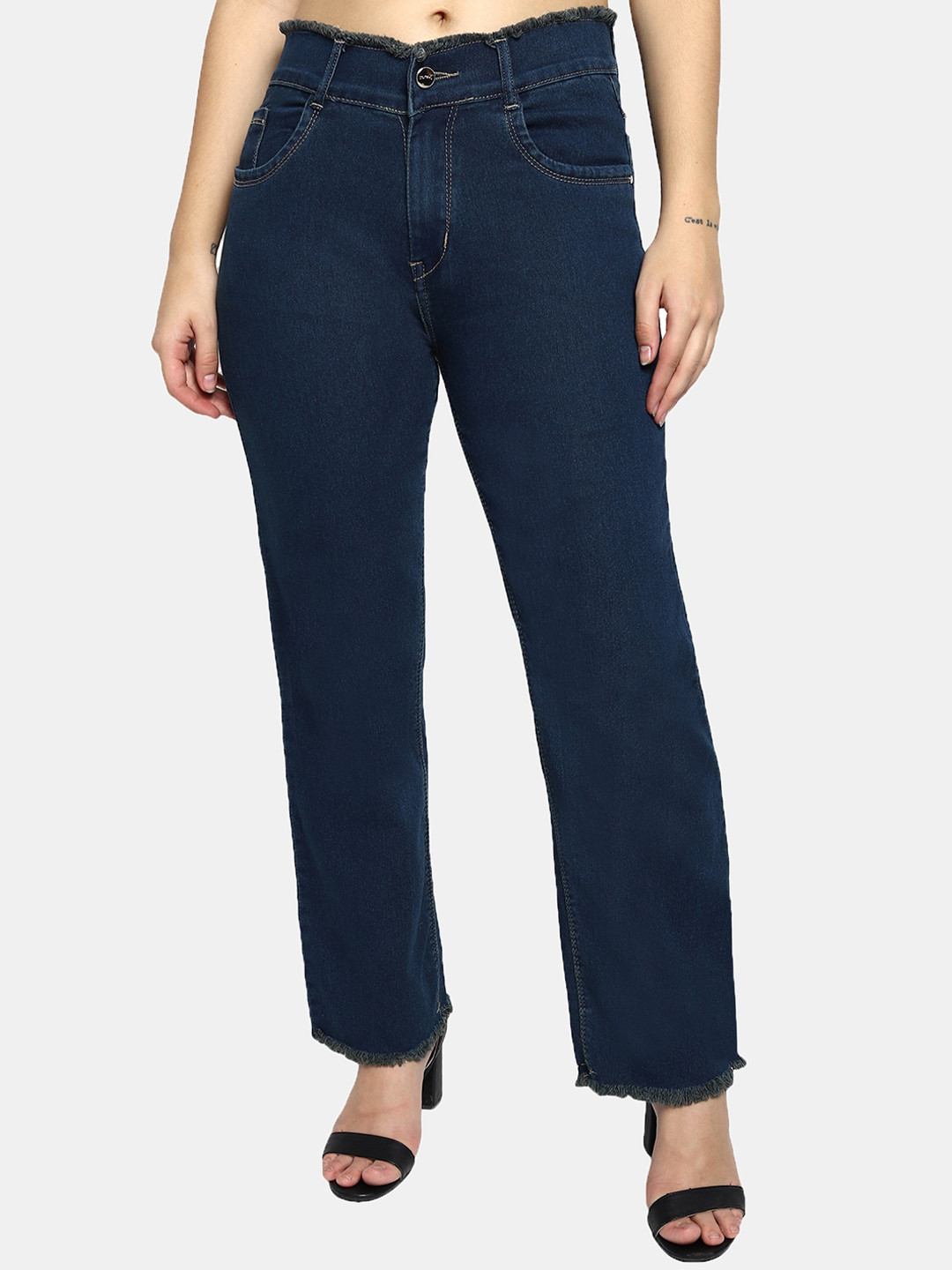 LIVE OK Women Blue Solid Boyfriend Fit Cotton High-Rise Jeans