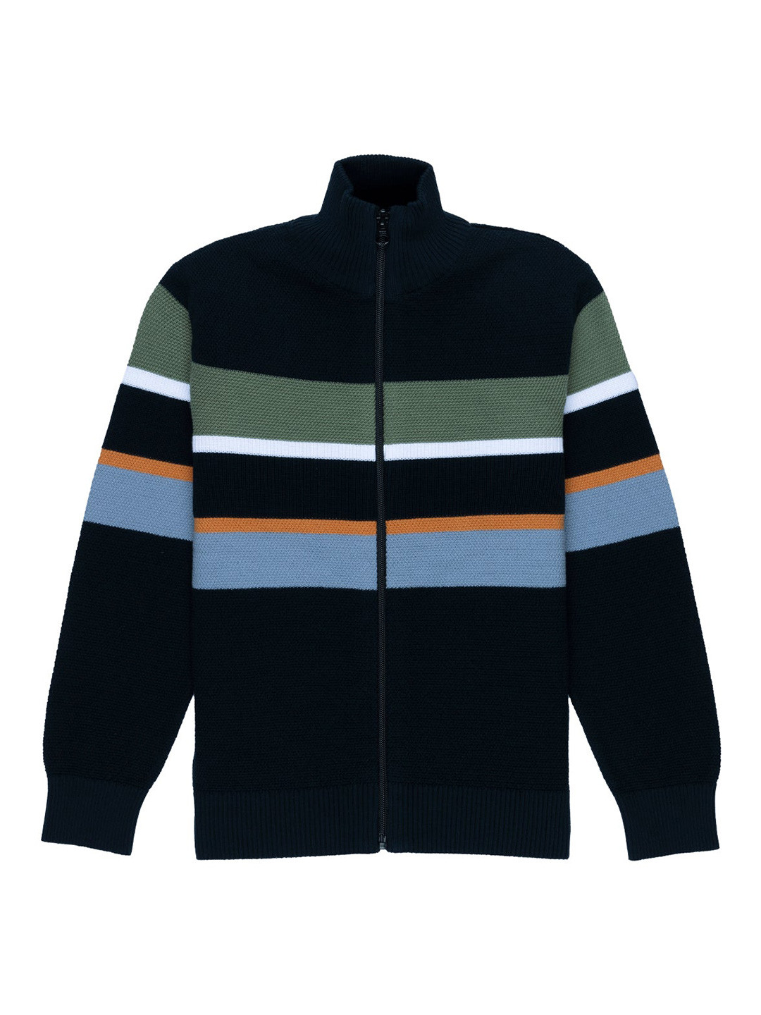 Status Quo Boys Navy Blue & Olive Green Striped Cotton High Neck Cardigan