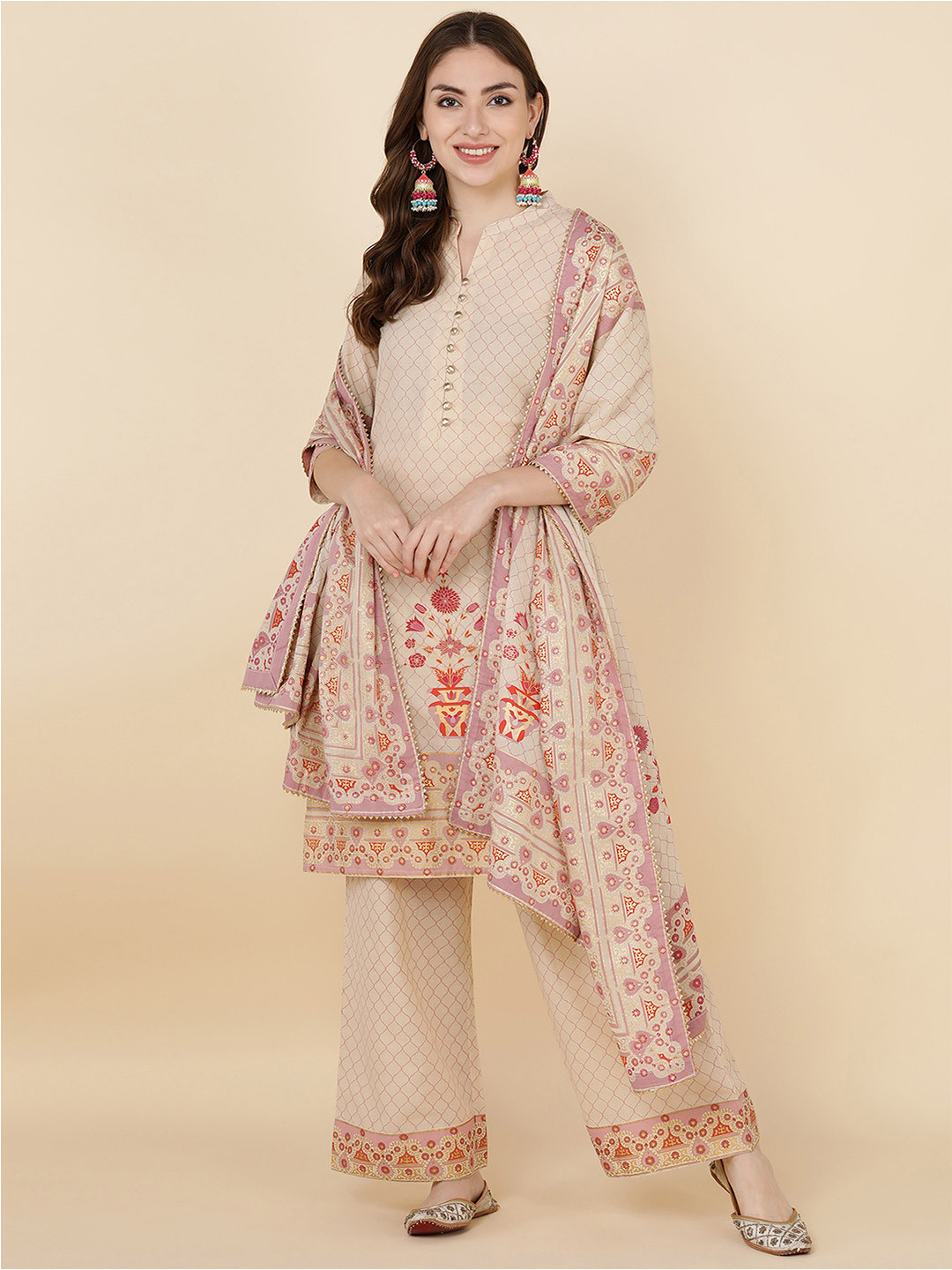 HERE&NOW Women Beige Floral Printed Pure Cotton Kurta with Trousers & With Dupatta