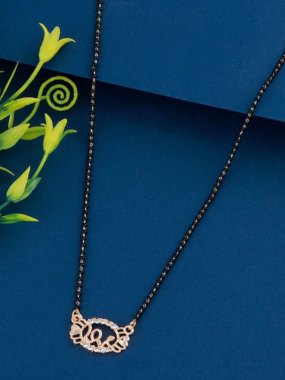 Silver Shine Gold-Plated White Stone-Studded Black Beaded Love-Charm Mangalsutra