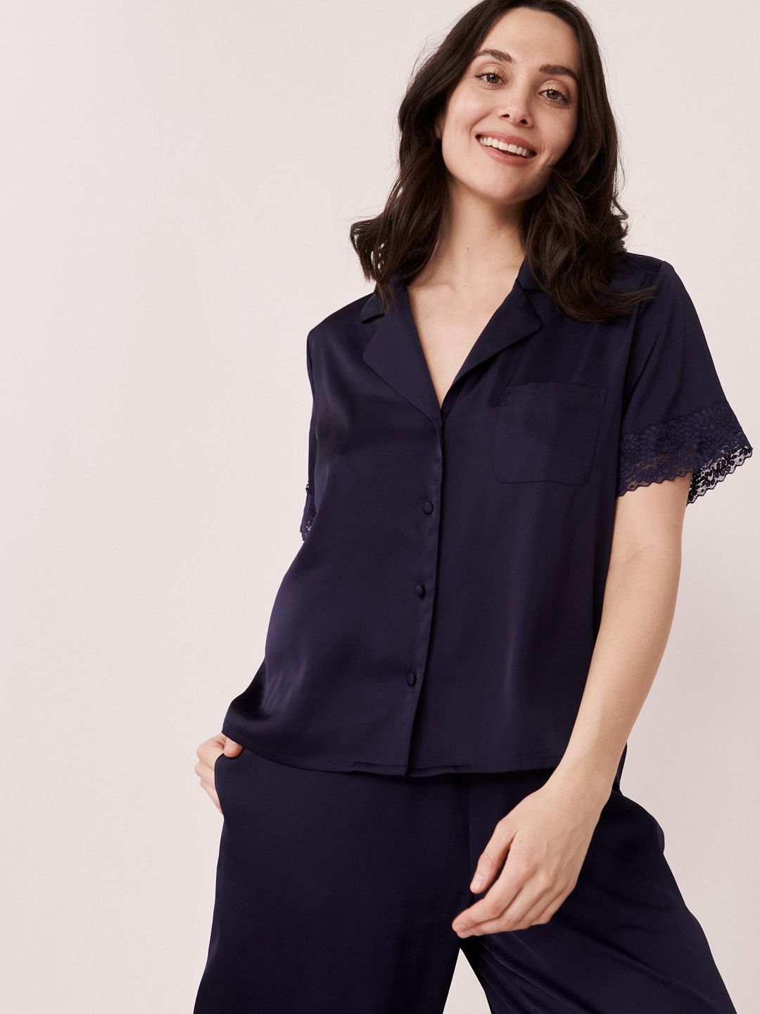 La Vie en Rose Women Navy Blue Satin Casual Shirt