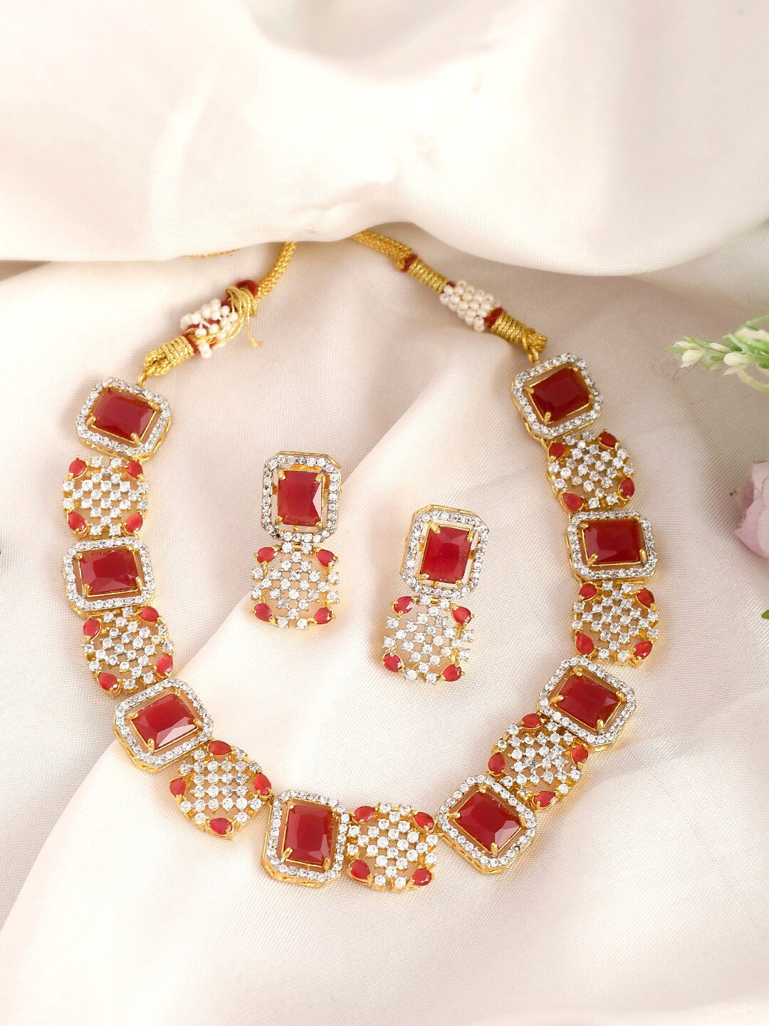 Silvermerc Designs Gold-Plated & Red American Diamond Jewellery Set