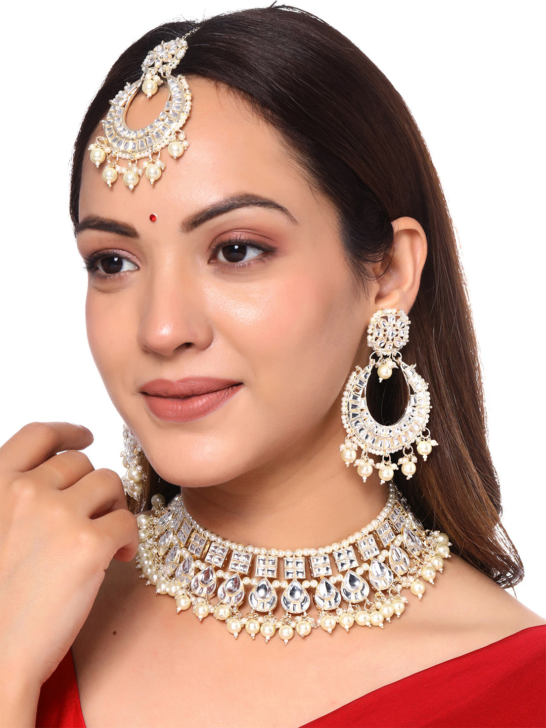 Yellow Chimes White Kundan and Pearl Beaded Jewellery Set With Maangtikka