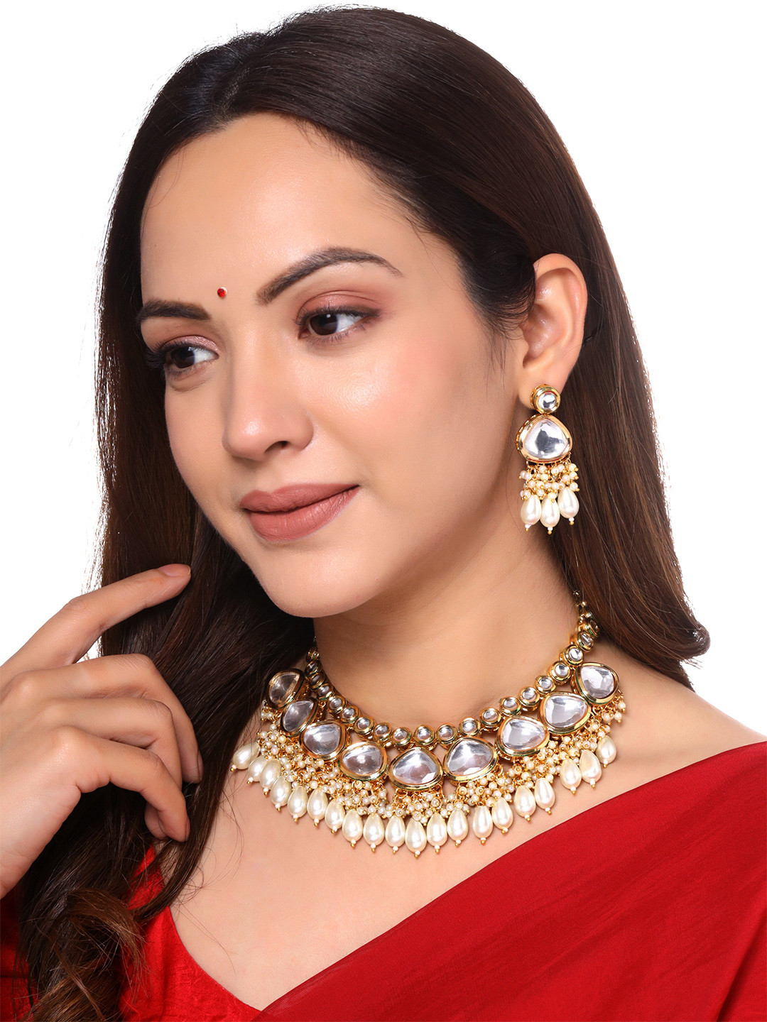 Yellow Chimes Gold-Plated White Kundan Studded Nad Beaded Jewellery Set