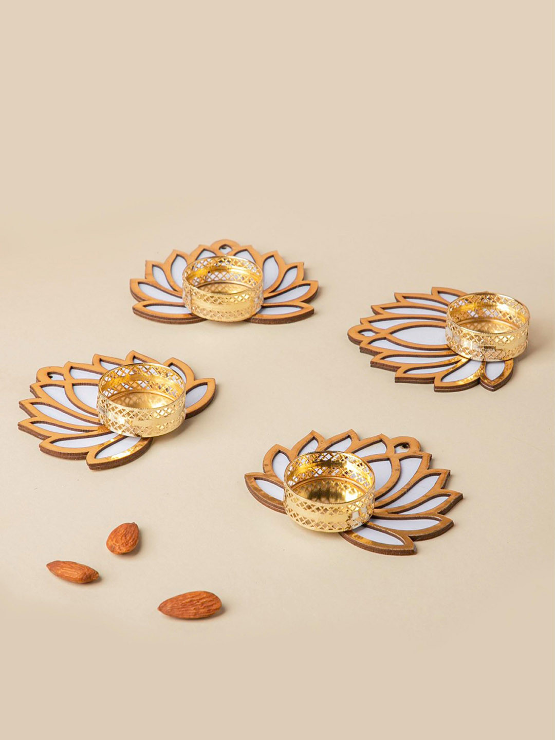 Nestasia Set Of 4 White & Gold-Toned Lotus Tealight Candle Holders