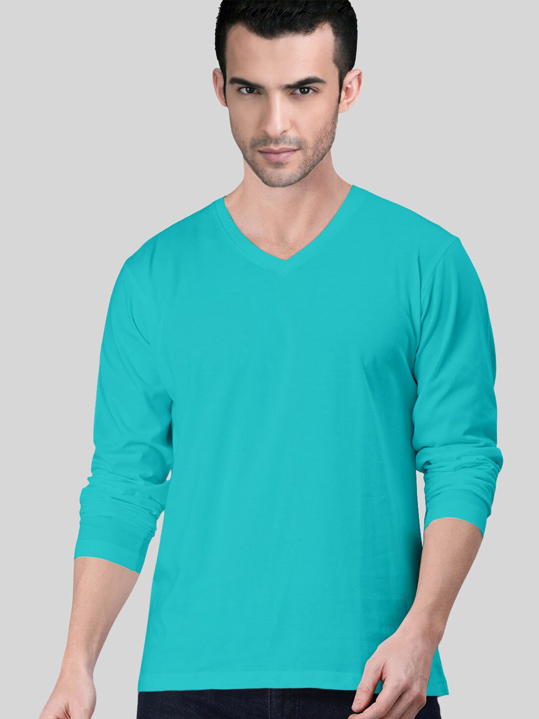 Pootlu Men Blue Solid Plain Premium V Neck Full Sleeves T shirt