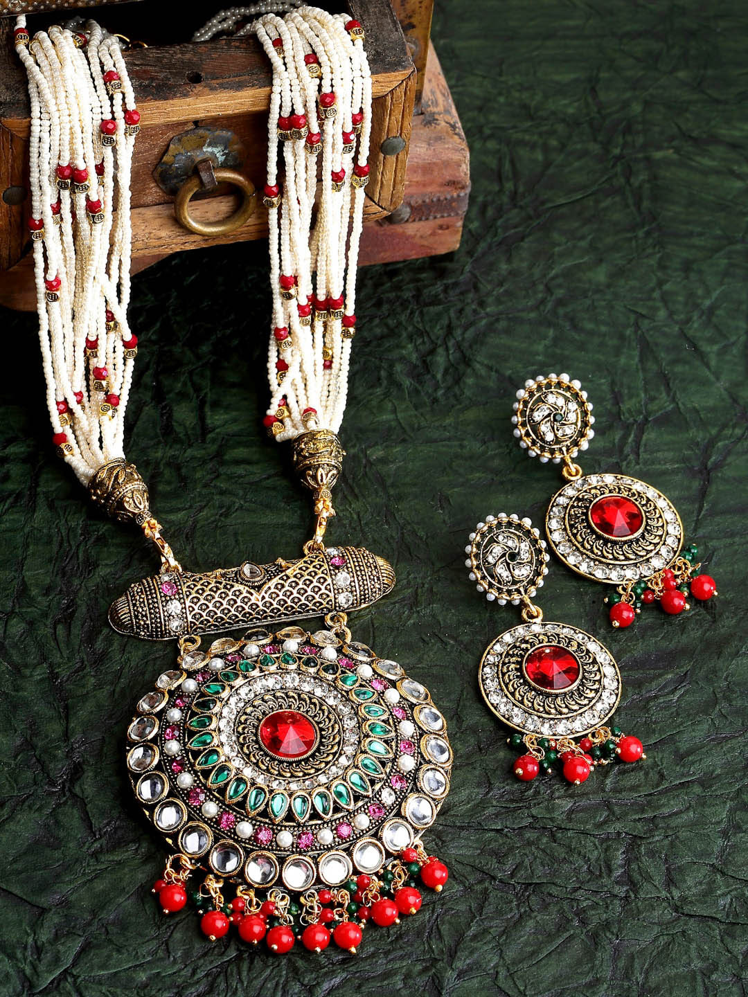 Arrabi White & Red Stone-Studded & Beaded Jewellery Set