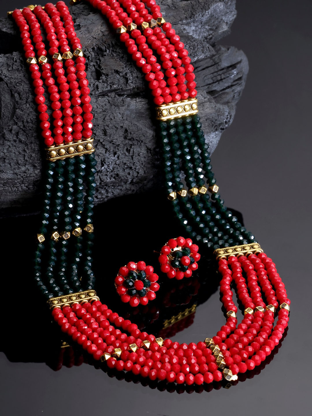 Arrabi Women Red & Green Crystal Beaded Multistrand Jewellery Set