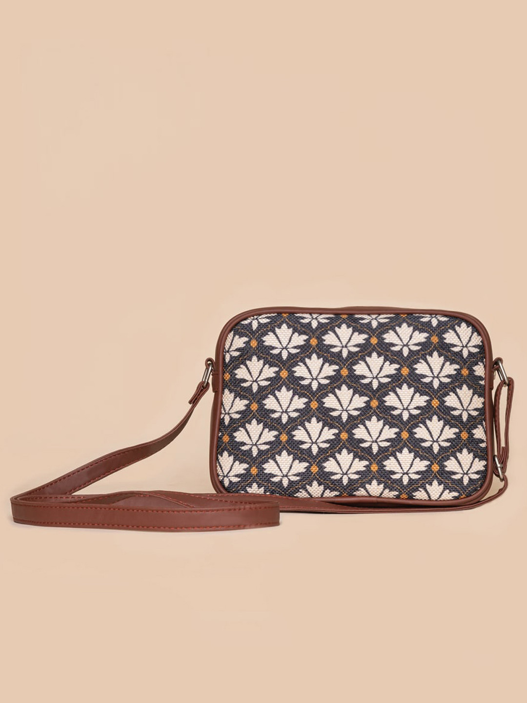 ZOUK Black Floral Printed Structured Sling Bag
