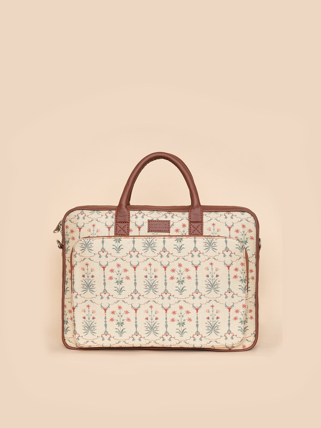 ZOUK Unisex White & Brown Printed Jute Laptop Bag