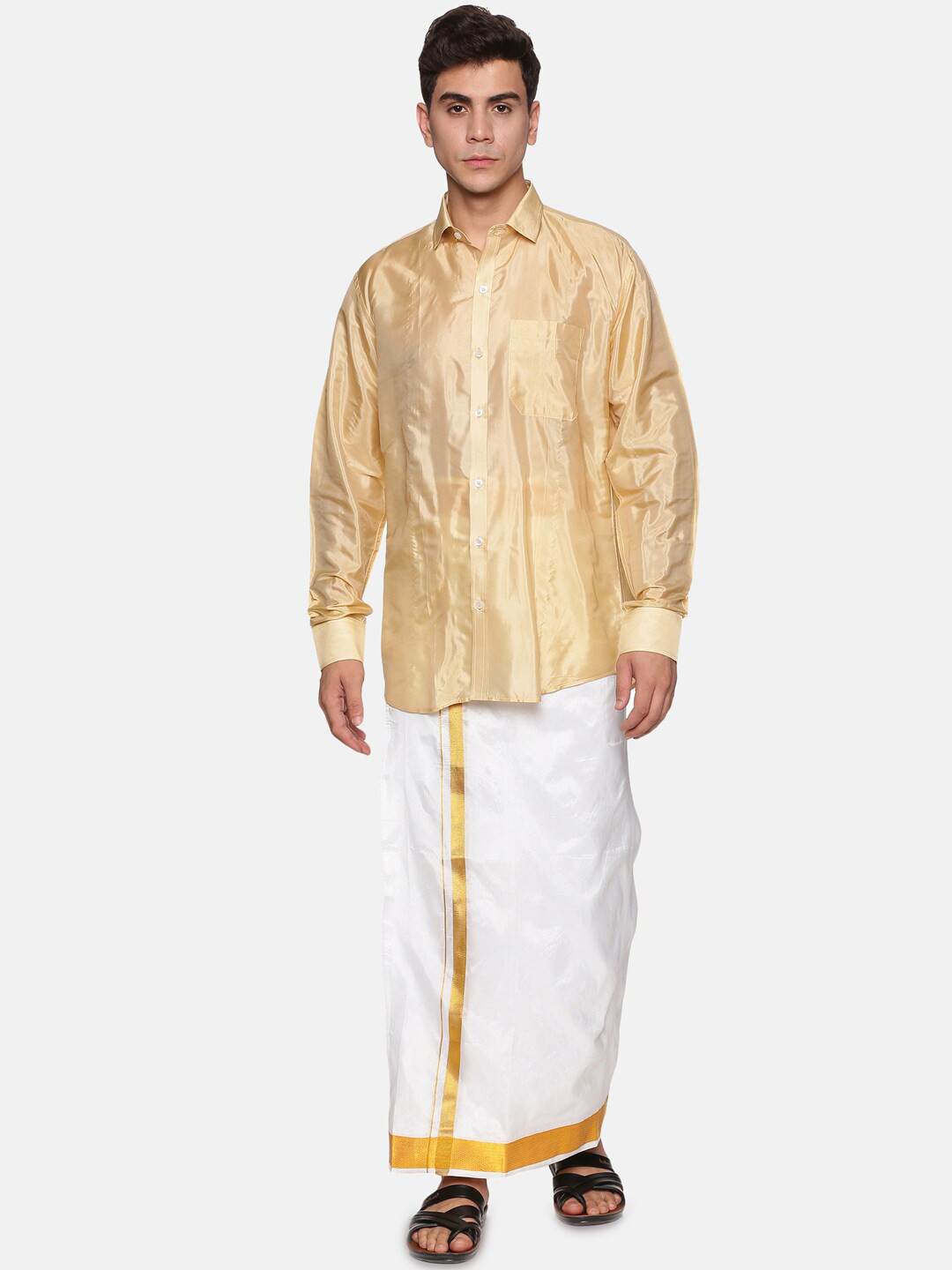 Sethukrishna Men Beige & White Shirt with Dhoti Pants