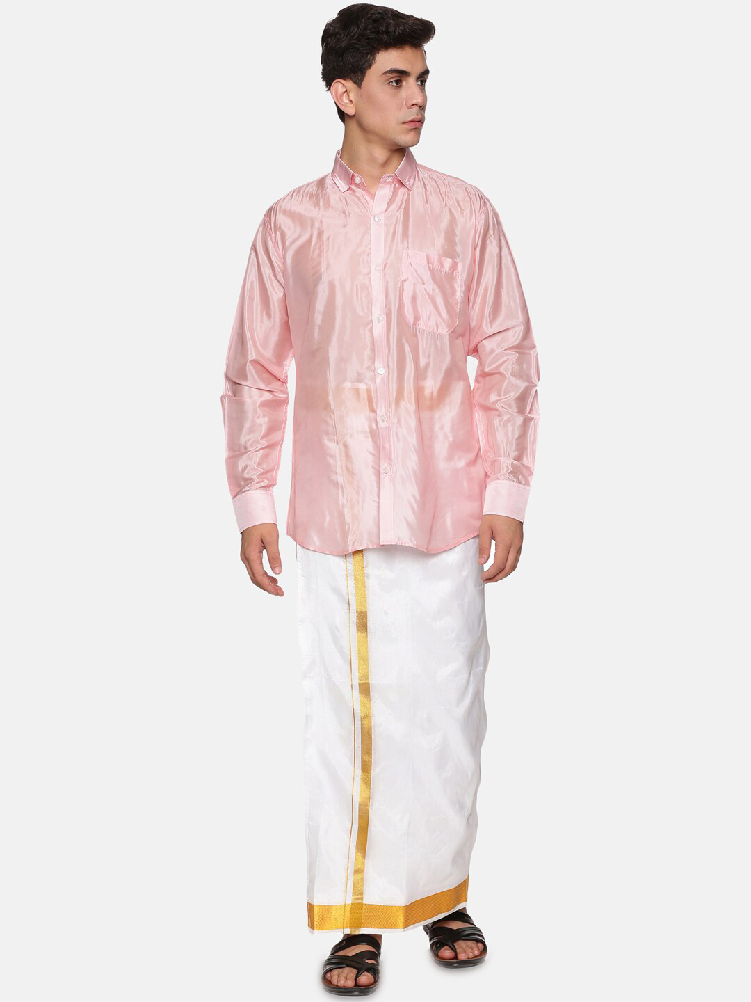 Sethukrishna Men Pink & White Solid hirt with Dhoti