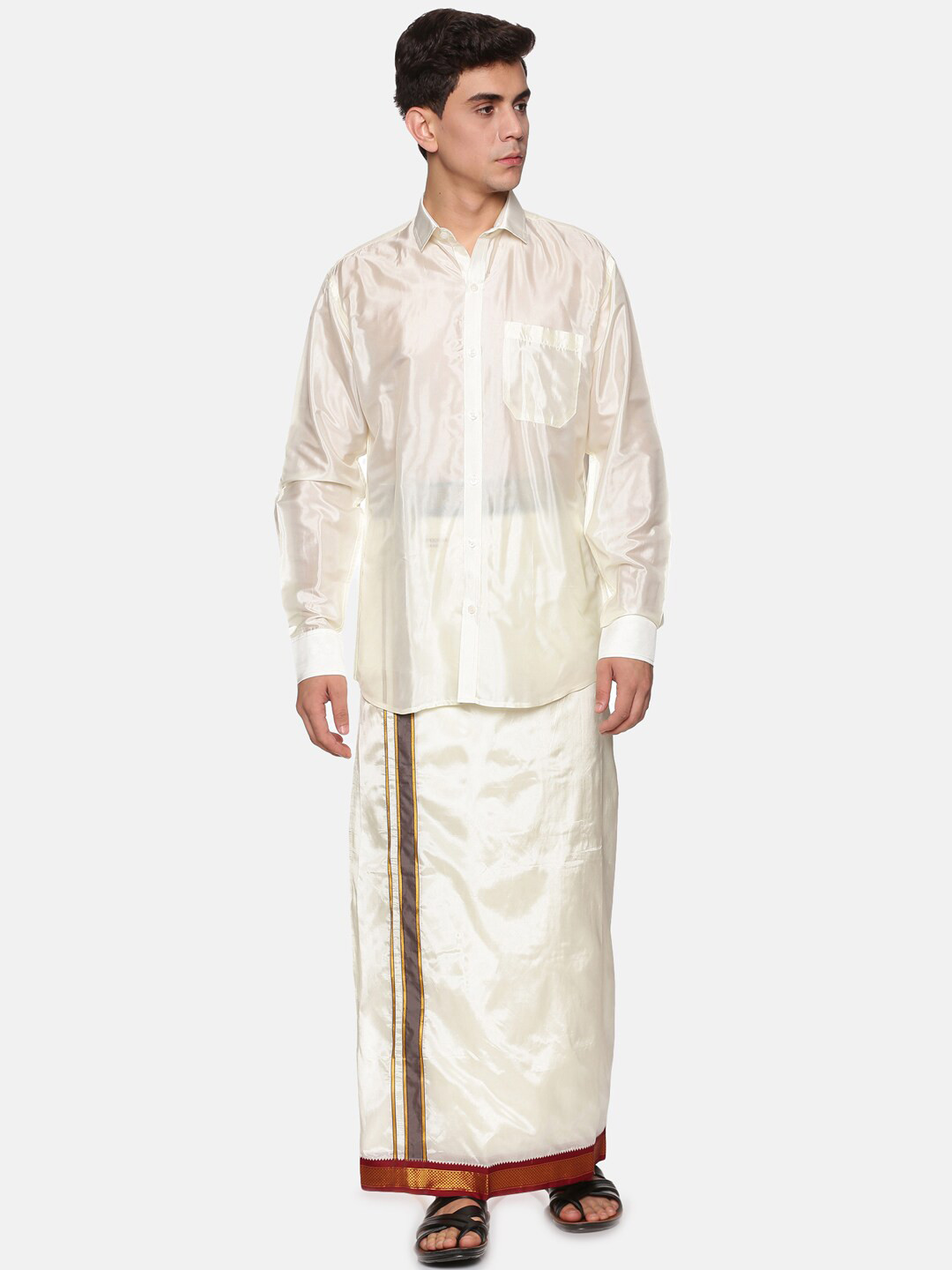 Sethukrishna Men Cream-Coloured & White Shirt with Dhoti Pants