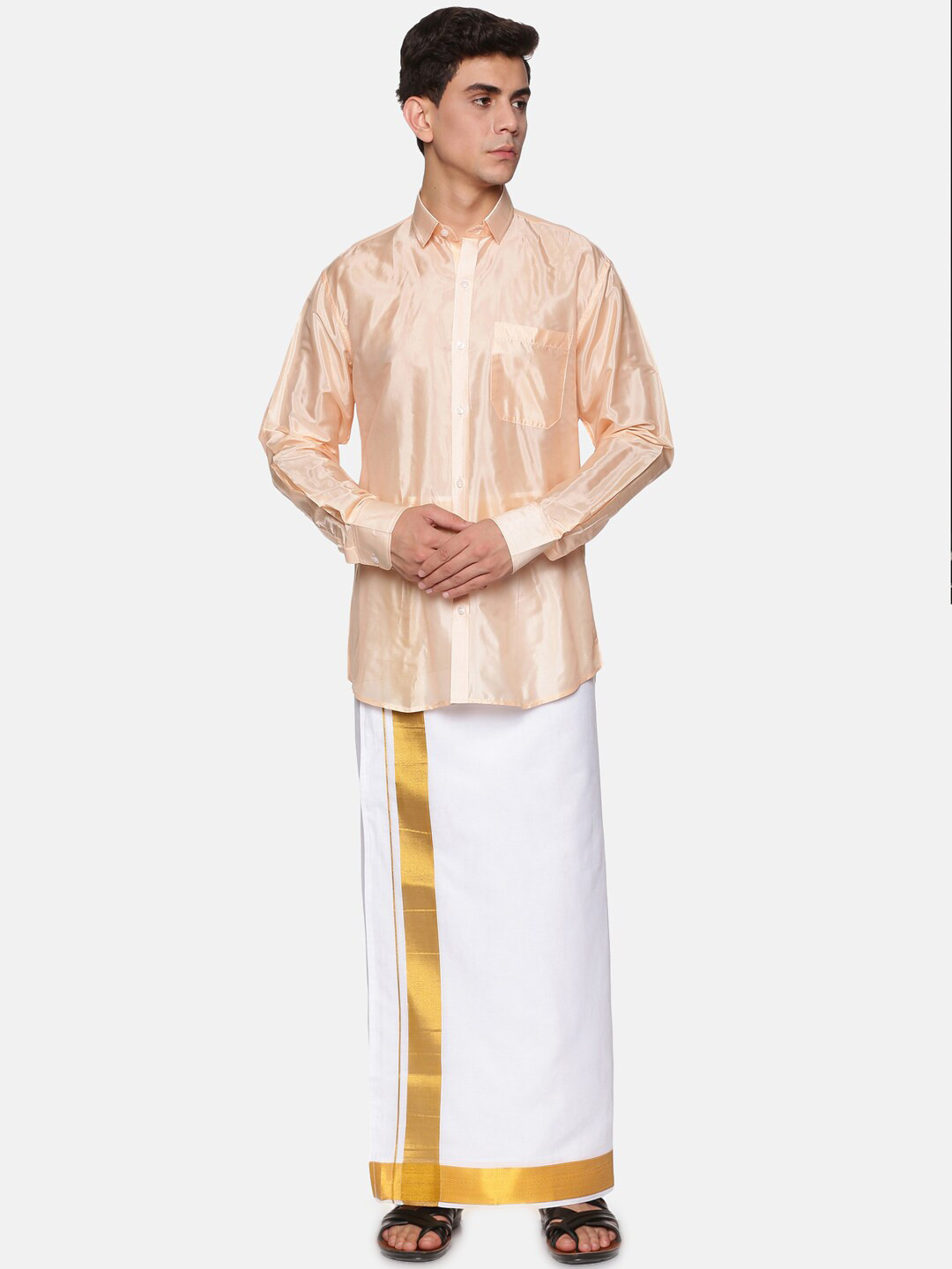 Sethukrishna Men Orange And White Shirt With Zari Border Veshti Dhoti Pant
